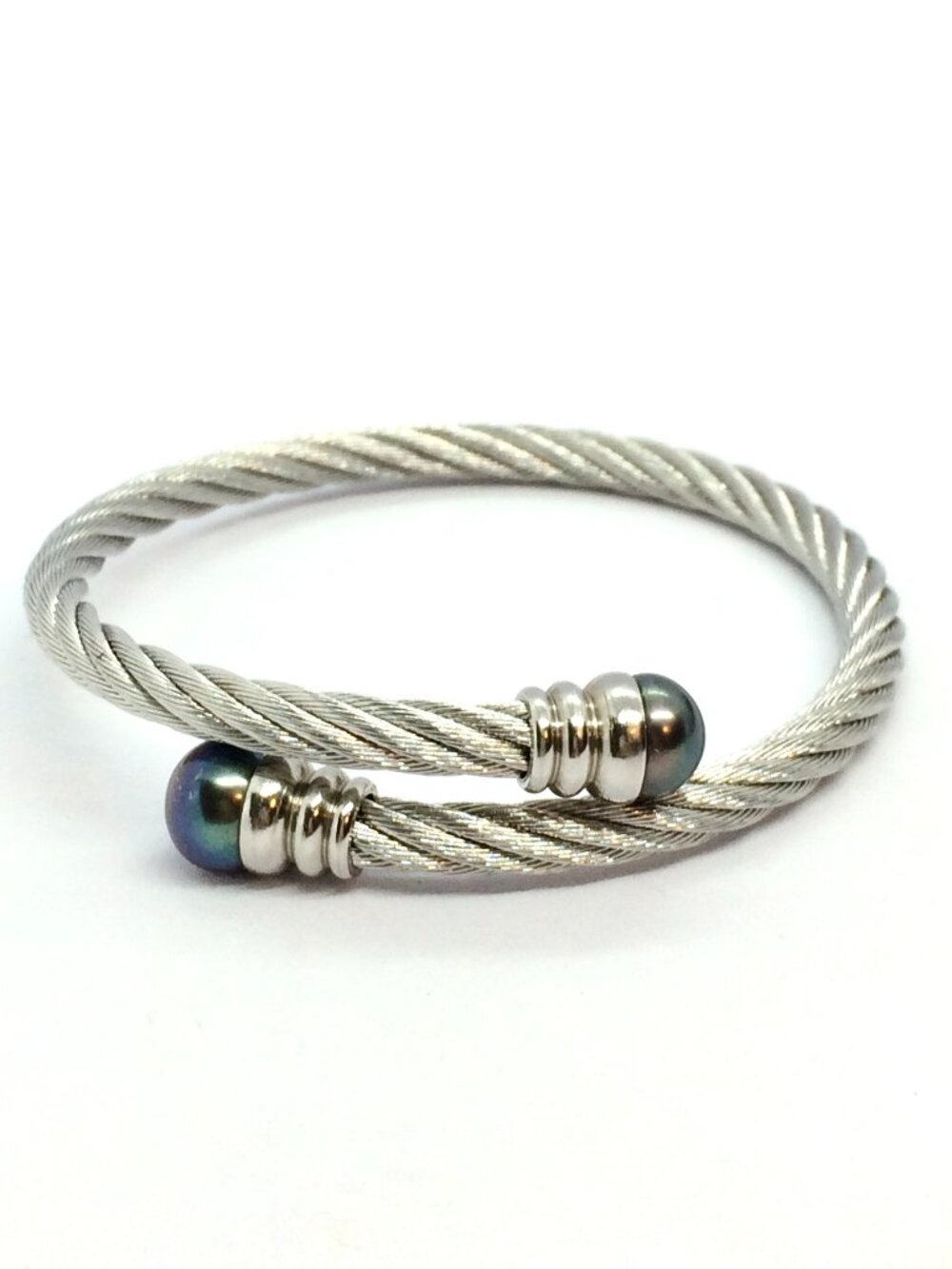 CABLE CUFF BRACELET Peacock Pearl Silver Tone Twisted Bypass Open